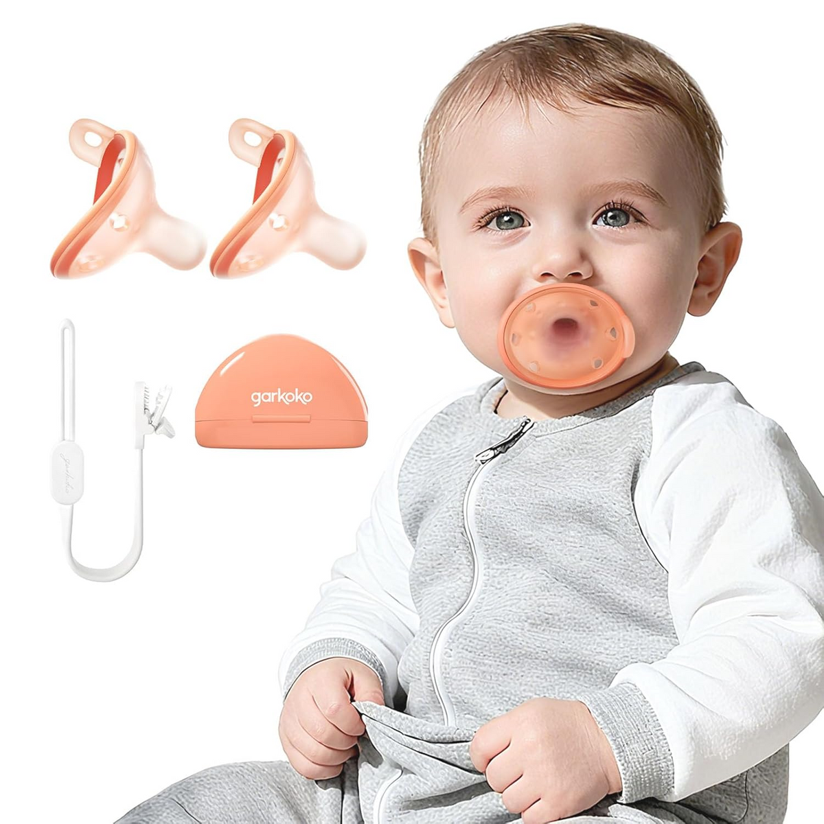 Garkoko Breast-Like Baby Pacifiers 0–6 Months, 2-Pack with Clip & Case – Peach
